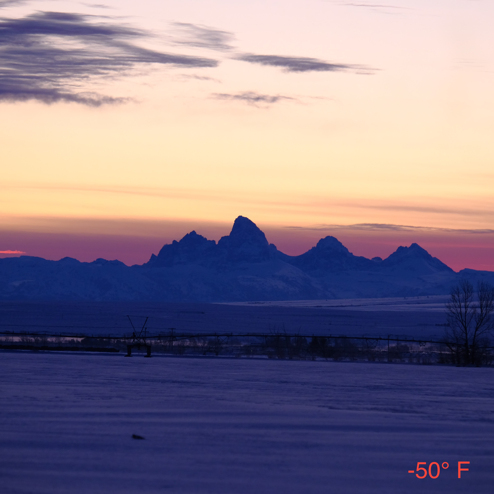 Photo of the Grand Teton Mountain Range from Idaho at sunrise, while -50F Degrees.